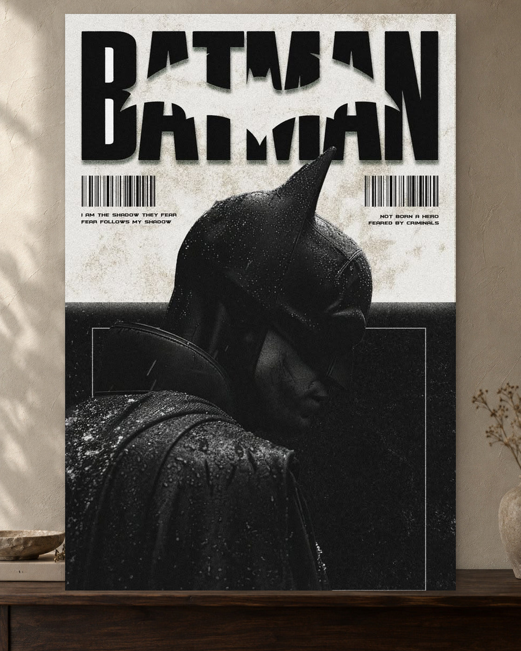 Batman — Dark Knight Shadow Poster — featured full-bleed poster mockup in the current warm greige room
