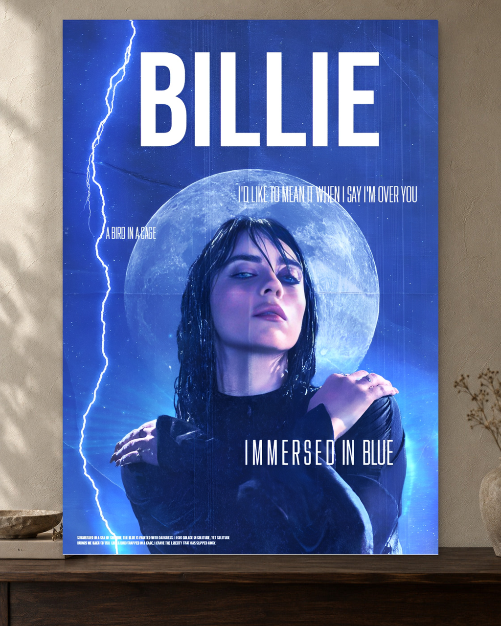 Billie Eilish — Immersed in Blue Poster — featured full-bleed poster mockup in the current warm greige room