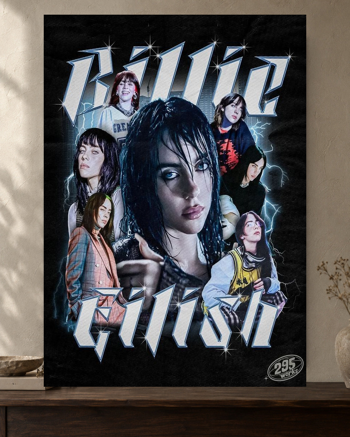 Billie Eilish — Y2K Collage Poster — featured full-bleed poster mockup in the current warm greige room