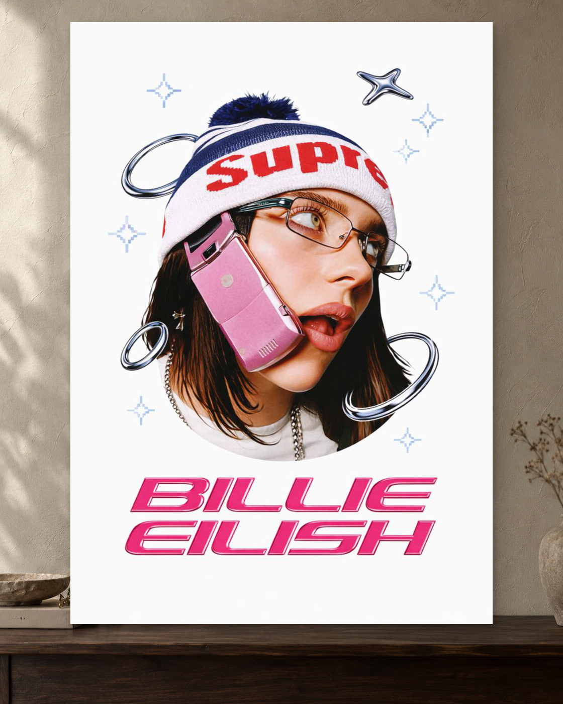 Billie Eilish — Y2K Supreme Poster — featured full-bleed poster mockup in the current warm greige room