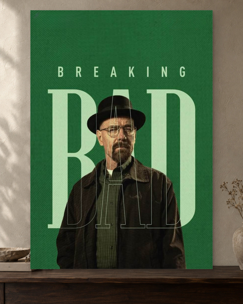 Breaking Bad — Heisenberg Green Poster — featured full-bleed poster mockup in the current warm greige room