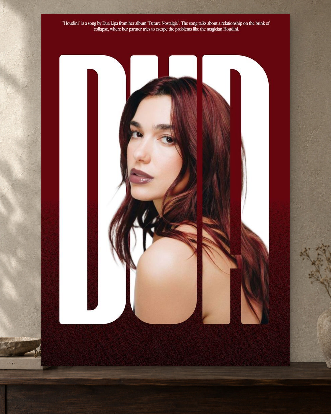 Dua Lipa — Houdini Poster — featured full-bleed poster mockup in the current warm greige room