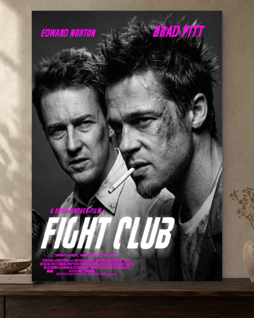 Fight Club — Mischief, Mayhem, Soap Poster — featured full-bleed poster mockup in the current warm greige room