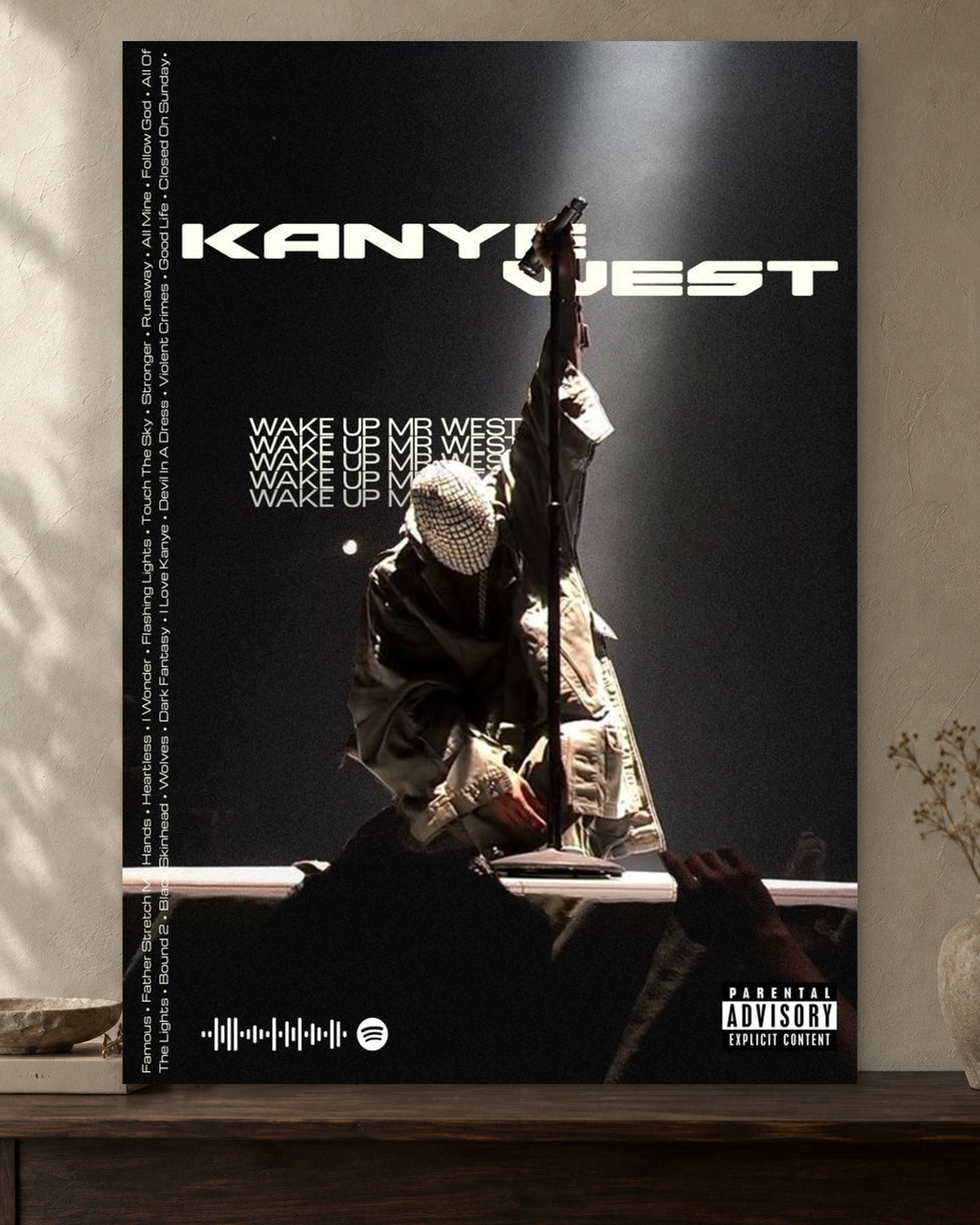 Kanye West — Wake Up Mr West Poster — featured full-bleed poster mockup in the current warm greige room