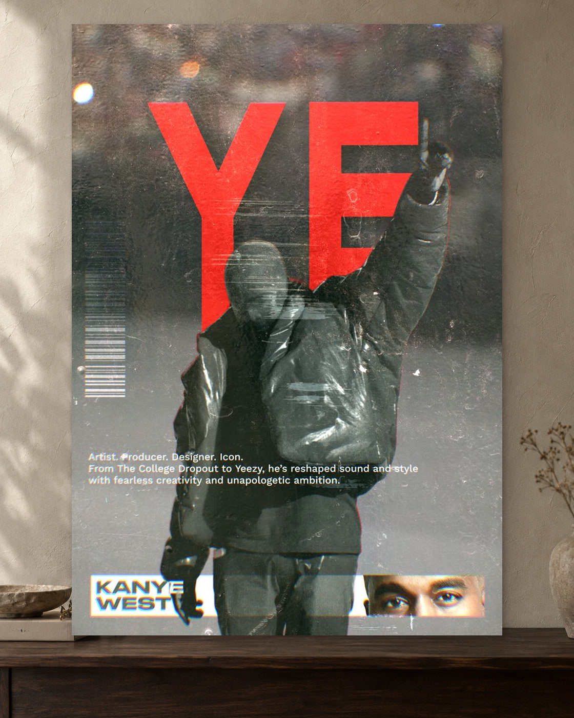 Kanye West — Ye Red Poster — featured full-bleed poster mockup in the current warm greige room