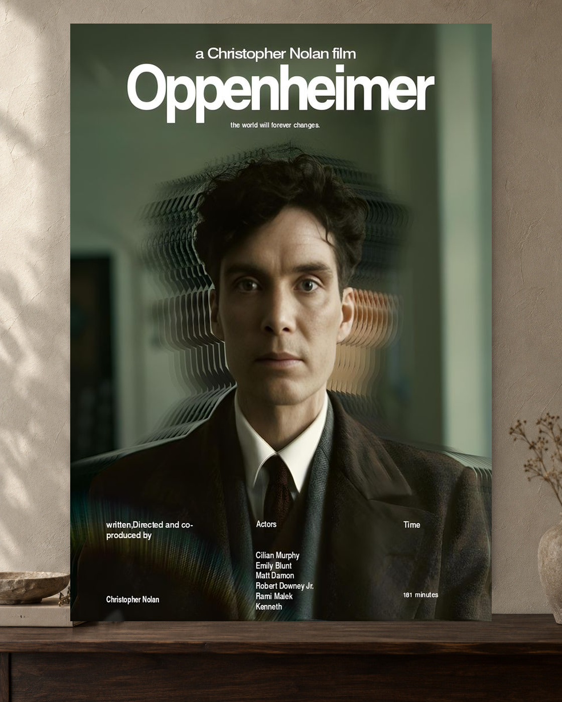 Oppenheimer — Distorted Portrait Poster — featured full-bleed poster mockup in the current warm greige room