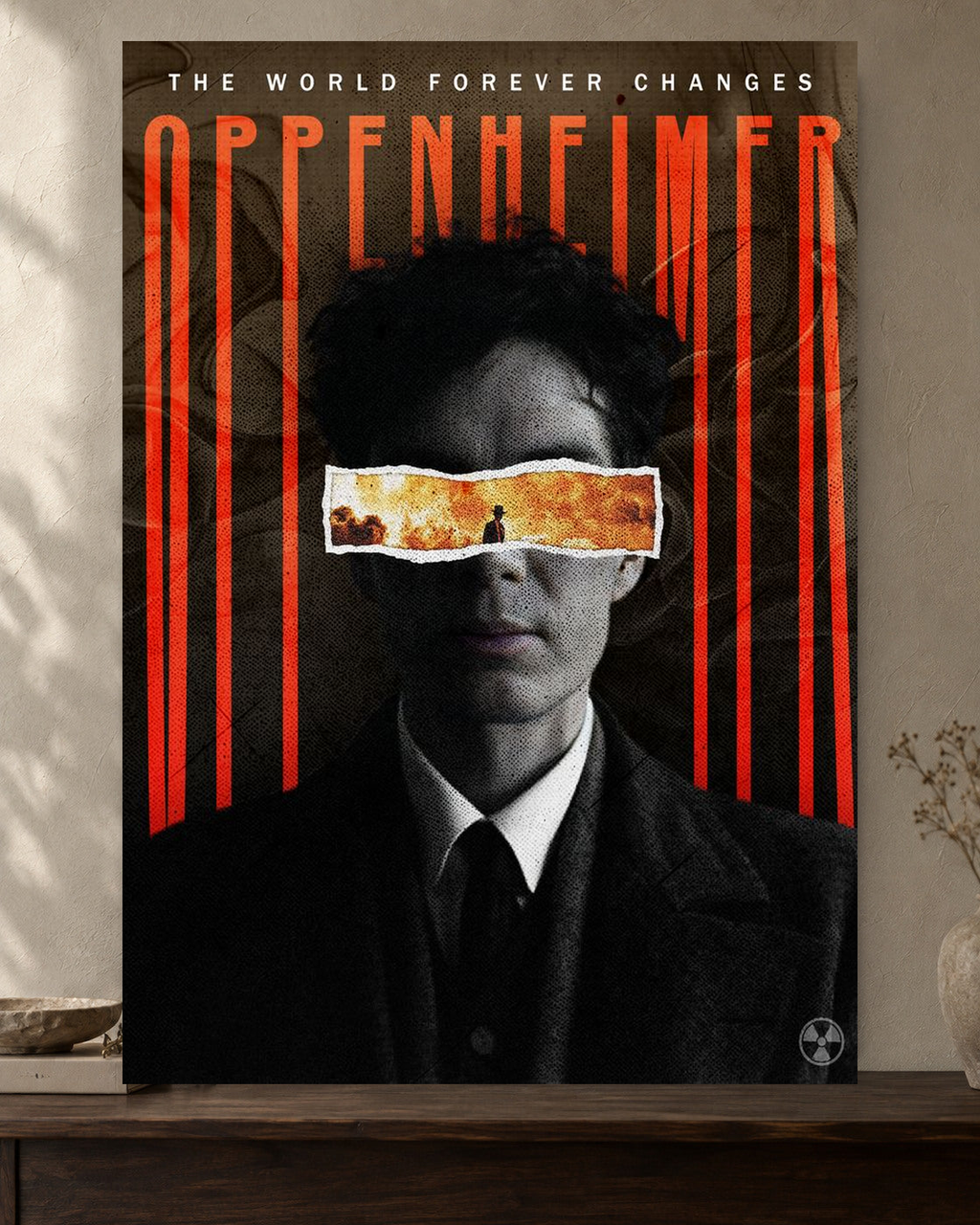 Oppenheimer — The World Forever Changes Poster — featured full-bleed poster mockup in the current warm greige room