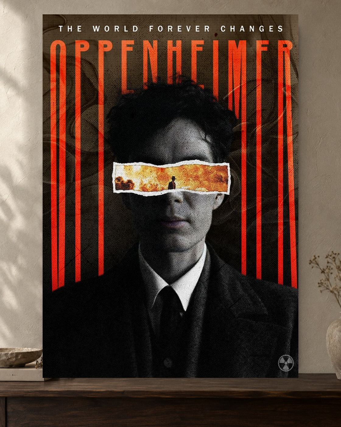 Oppenheimer — The World Forever Changes Poster — featured full-bleed poster mockup in the current warm greige room