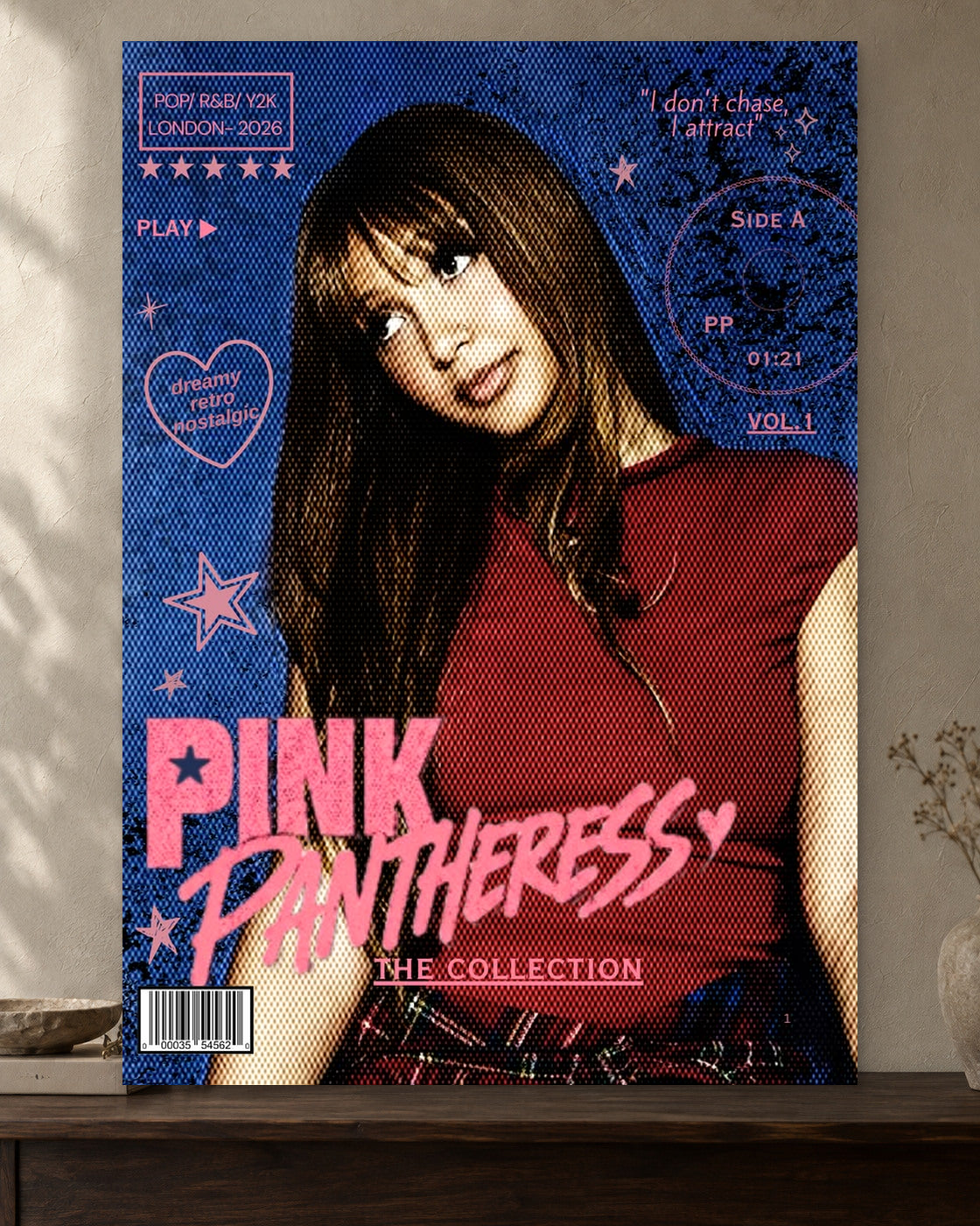PinkPantheress — Y2K Collection Poster — featured full-bleed poster mockup in the current warm greige room