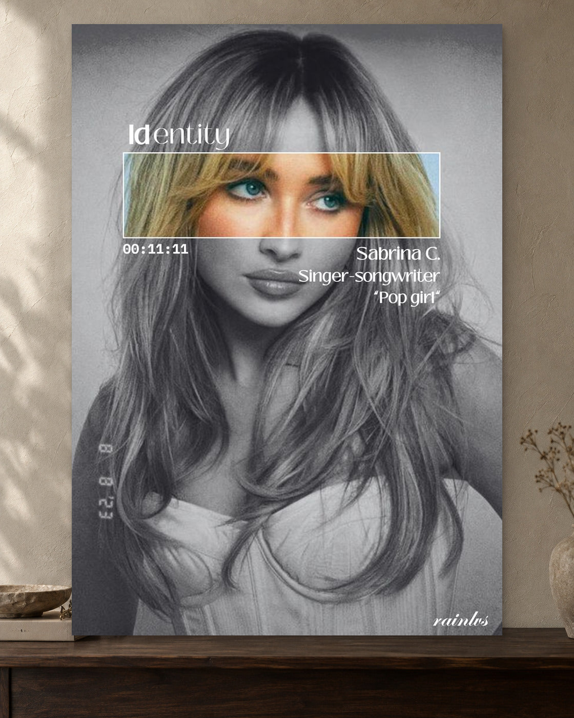 Sabrina Carpenter — Identity Poster — featured full-bleed poster mockup in the current warm greige room