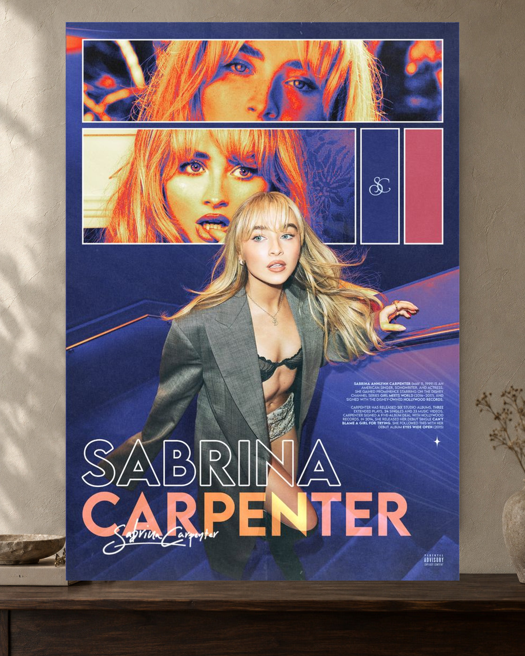 Sabrina Carpenter — Short n' Sweet Editorial Poster — featured full-bleed poster mockup in the current warm greige room