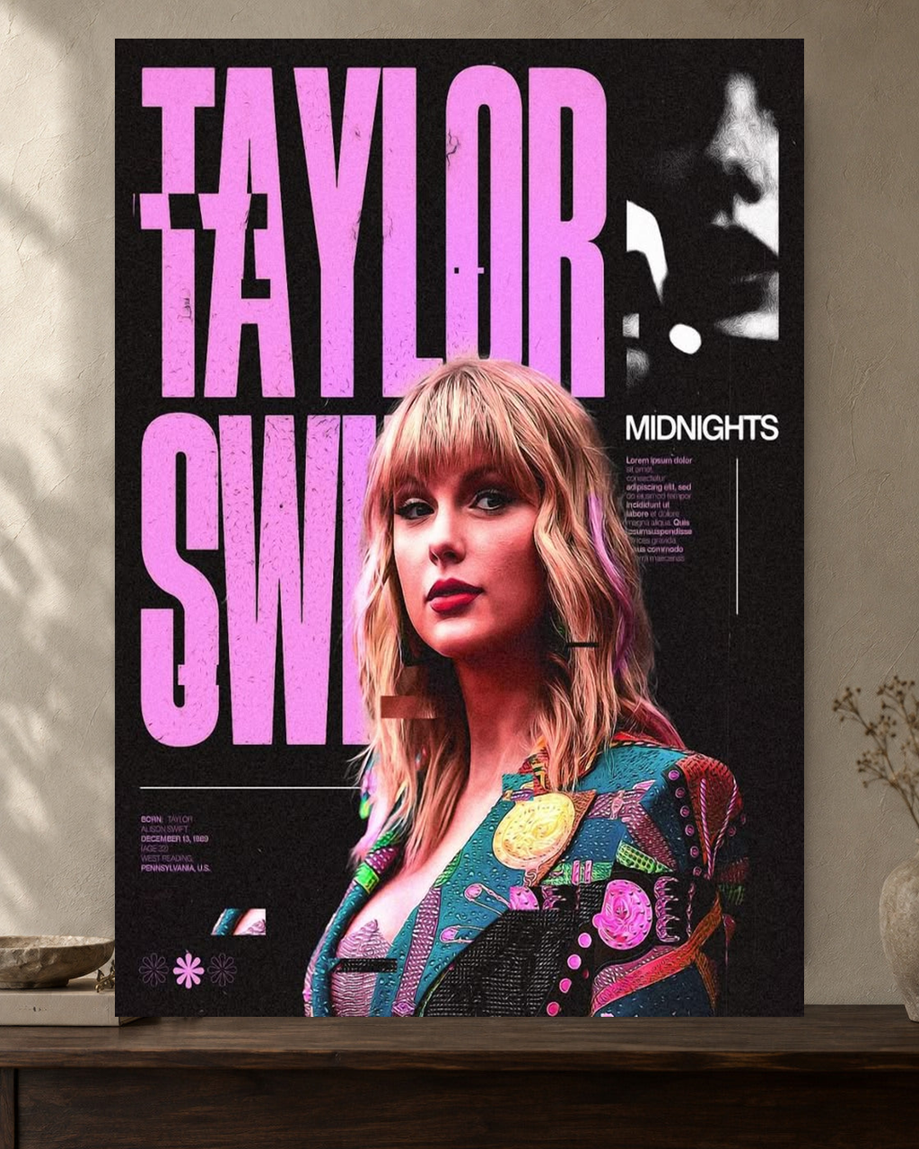 Taylor Swift — Midnights Magenta Poster — featured full-bleed poster mockup in the current warm greige room