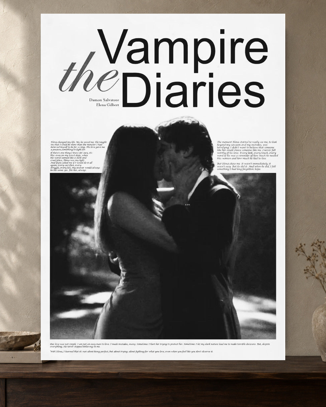 The Vampire Diaries — Damon and Elena Poster — featured full-bleed poster mockup in the current warm greige room