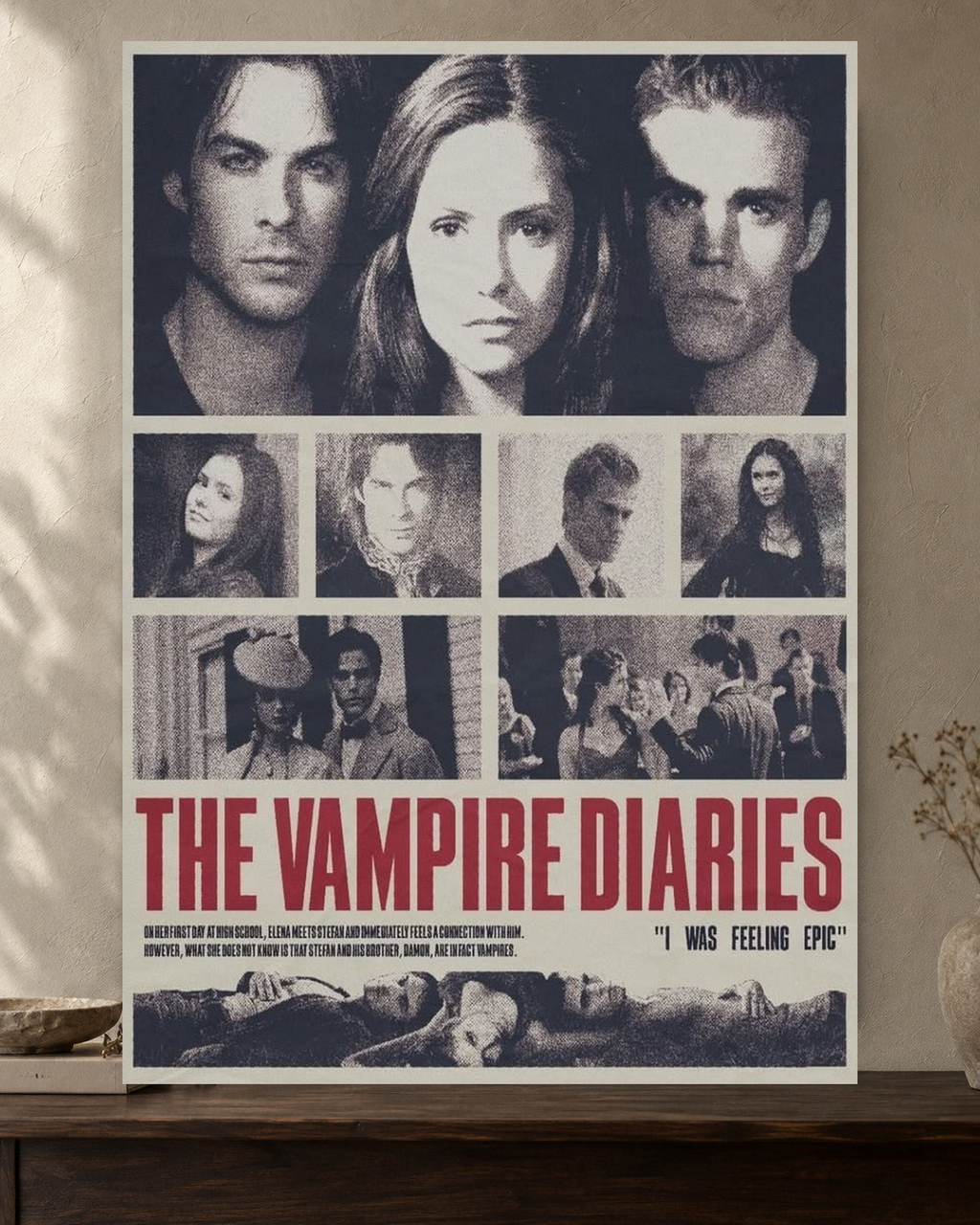 The Vampire Diaries — Newspaper Cast Poster — featured full-bleed poster mockup in the current warm greige room