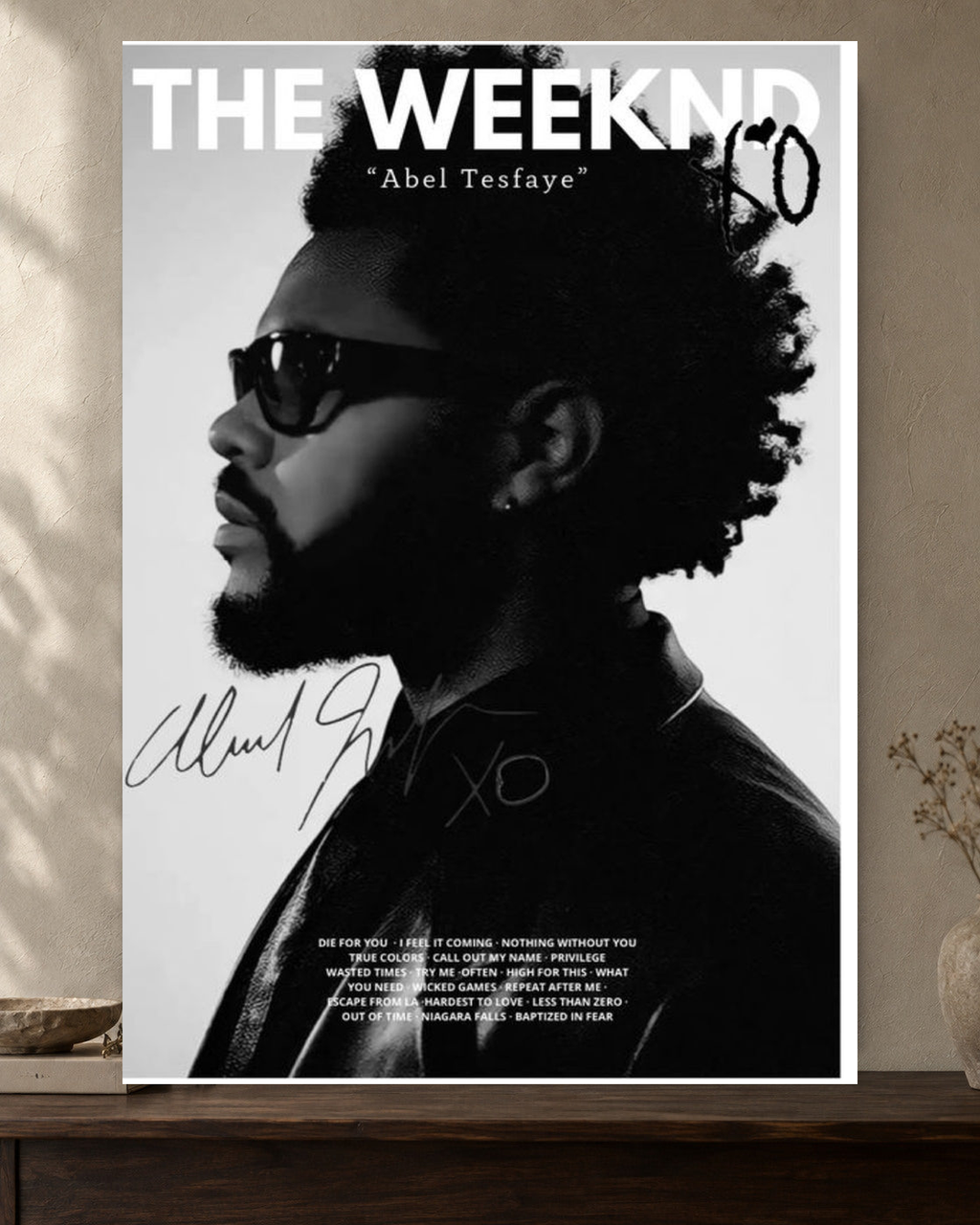 The Weeknd — Abel Tesfaye Monochrome Poster — featured full-bleed poster mockup in the current warm greige room