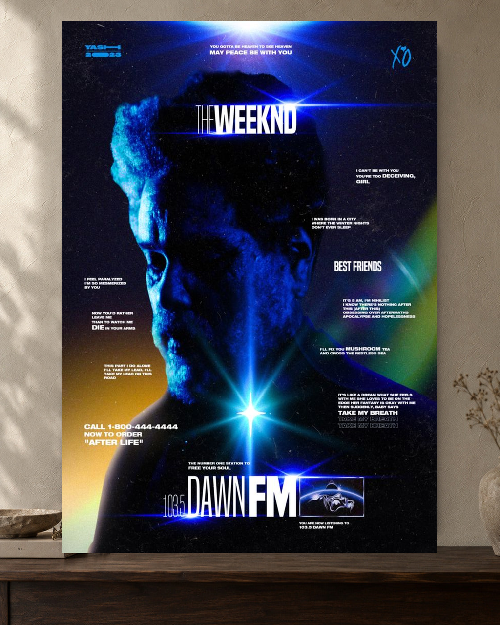 The Weeknd — Dawn FM Blue Poster — featured full-bleed poster mockup in the current warm greige room