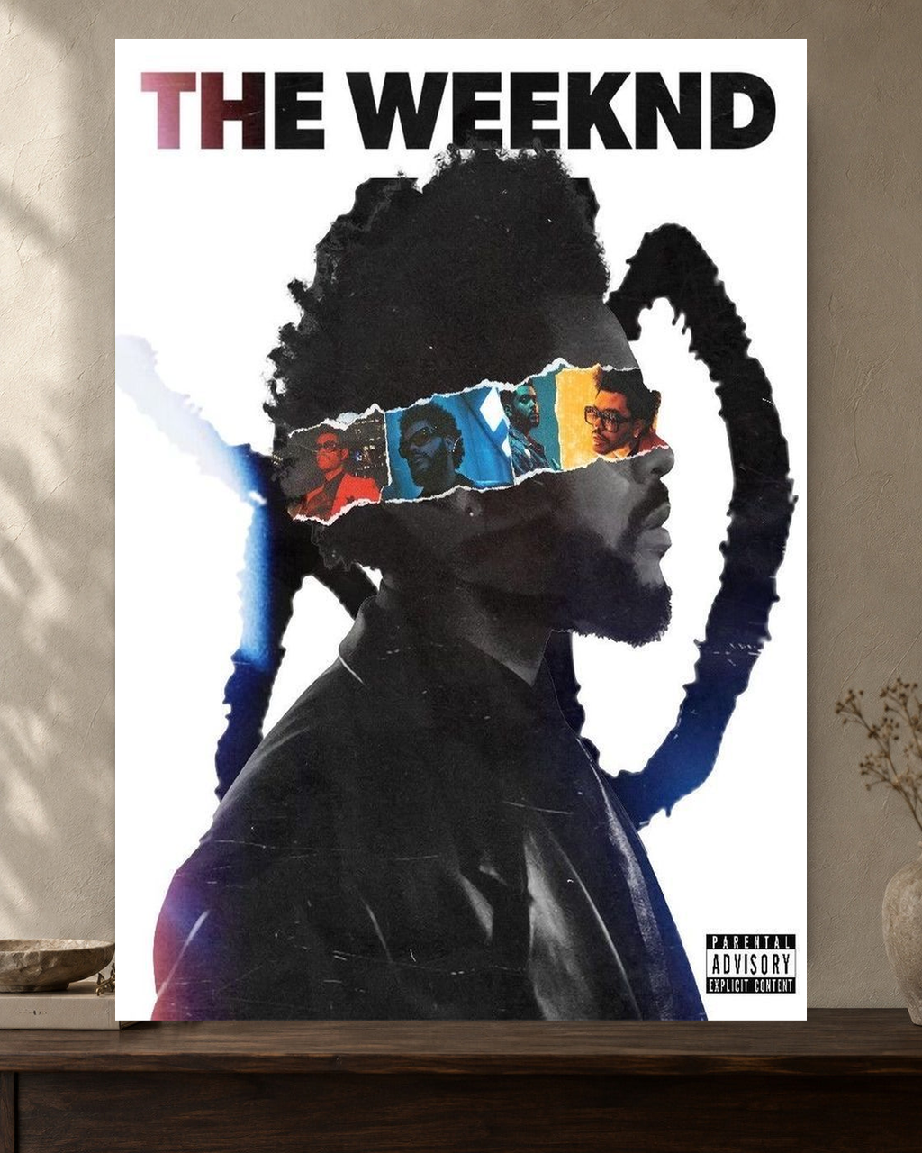 The Weeknd — Torn Timeline Poster — featured full-bleed poster mockup in the current warm greige room