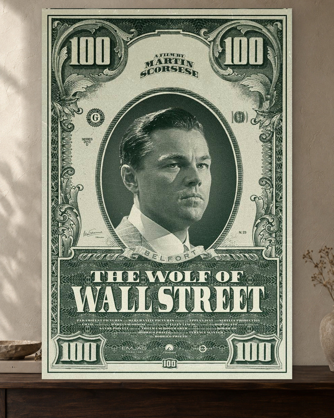 The Wolf of Wall Street — Hundred Dollar Poster — featured full-bleed poster mockup in the current warm greige room