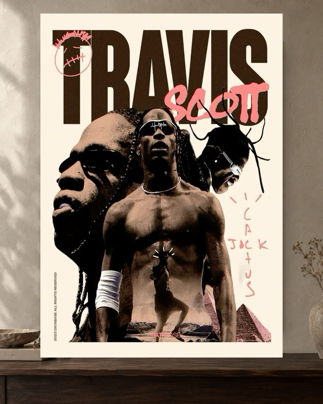 Travis Scott — Cactus Jack Collage Poster — featured full-bleed poster mockup in the current warm greige room