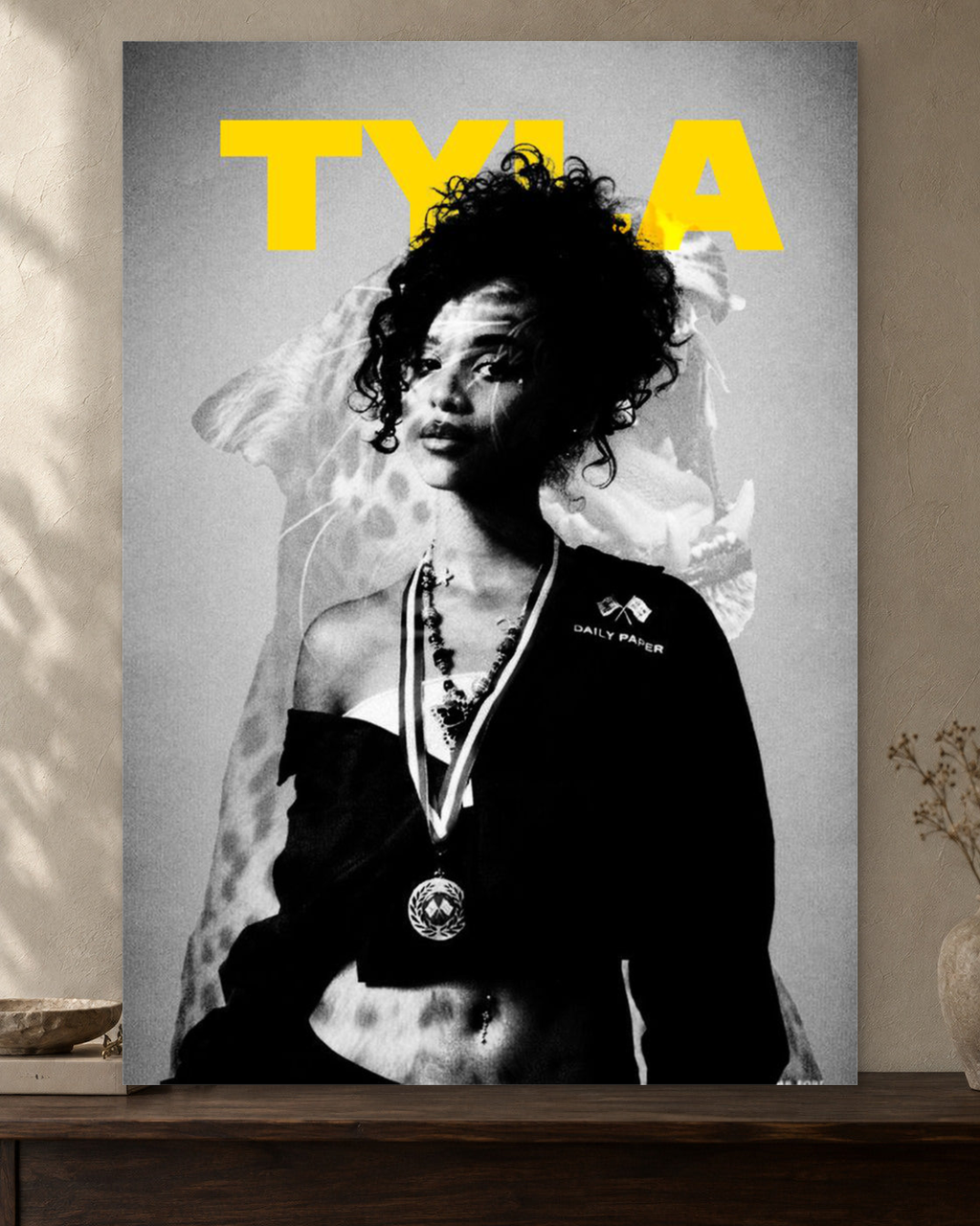 Tyla — Monochrome Portrait Poster — featured full-bleed poster mockup in the current warm greige room