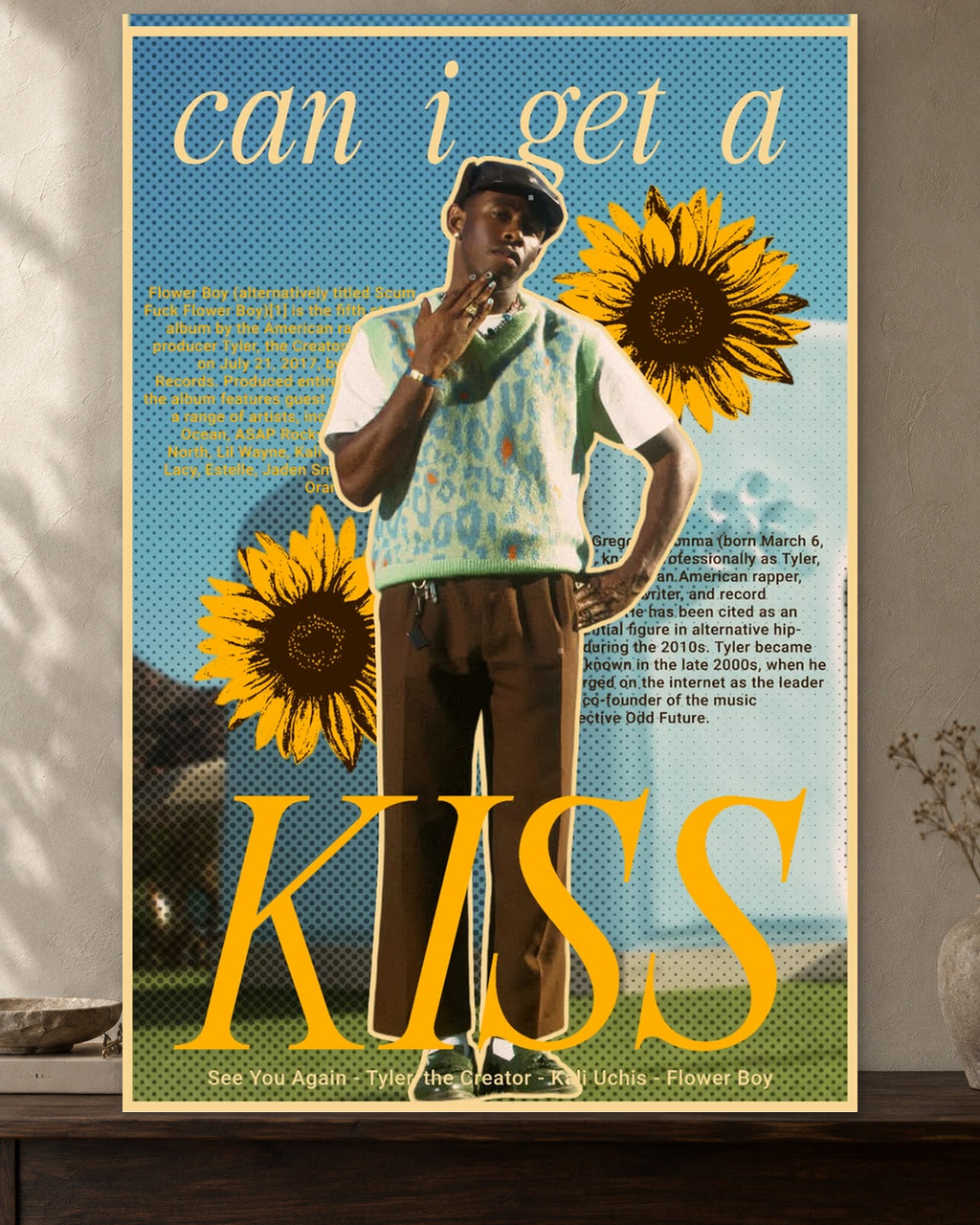 Tyler, the Creator — Flower Boy Kiss Poster — featured full-bleed poster mockup in the current warm greige room
