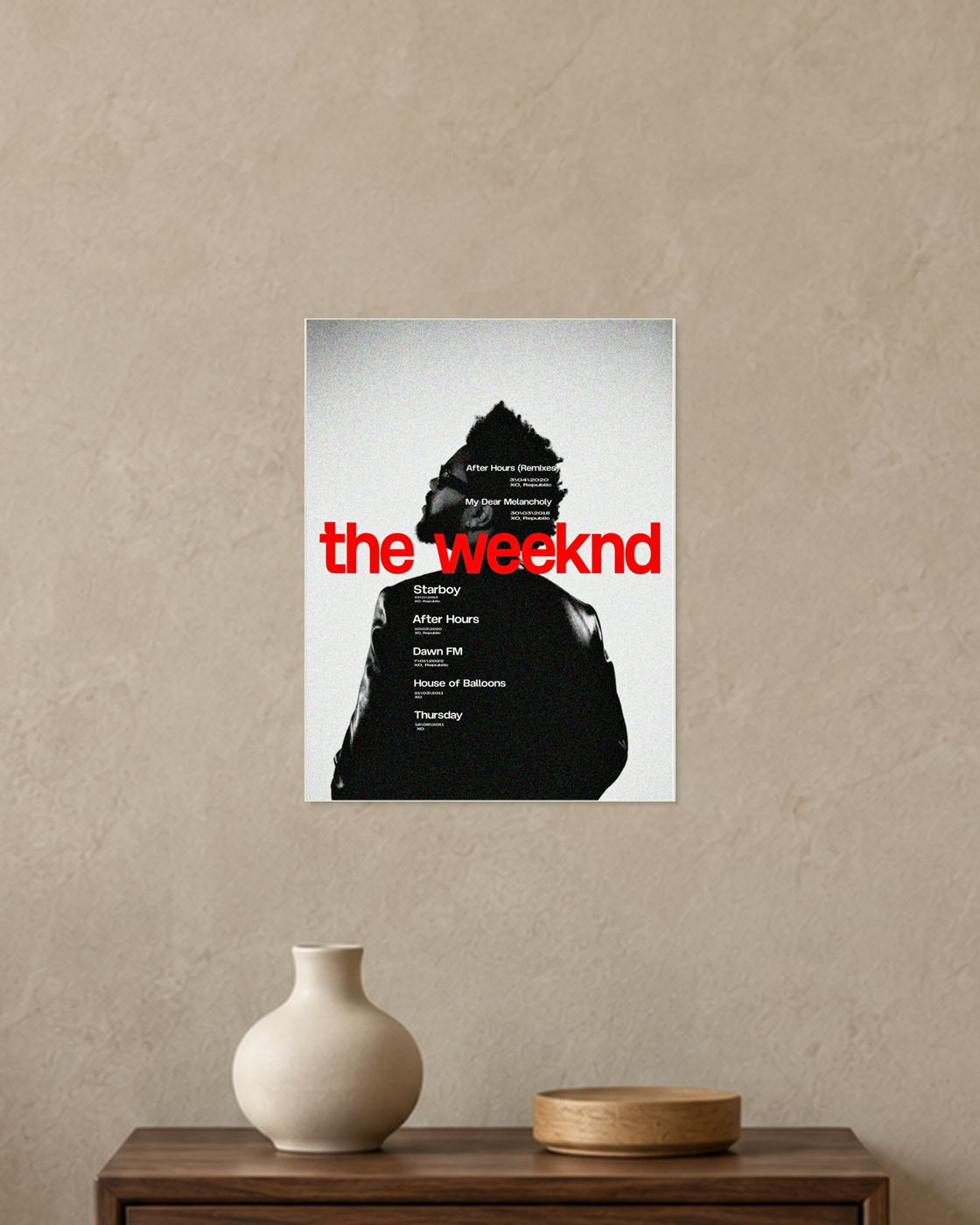 The Weeknd Red Discography Timeline A4 unframed poster mockup in the current warm greige room