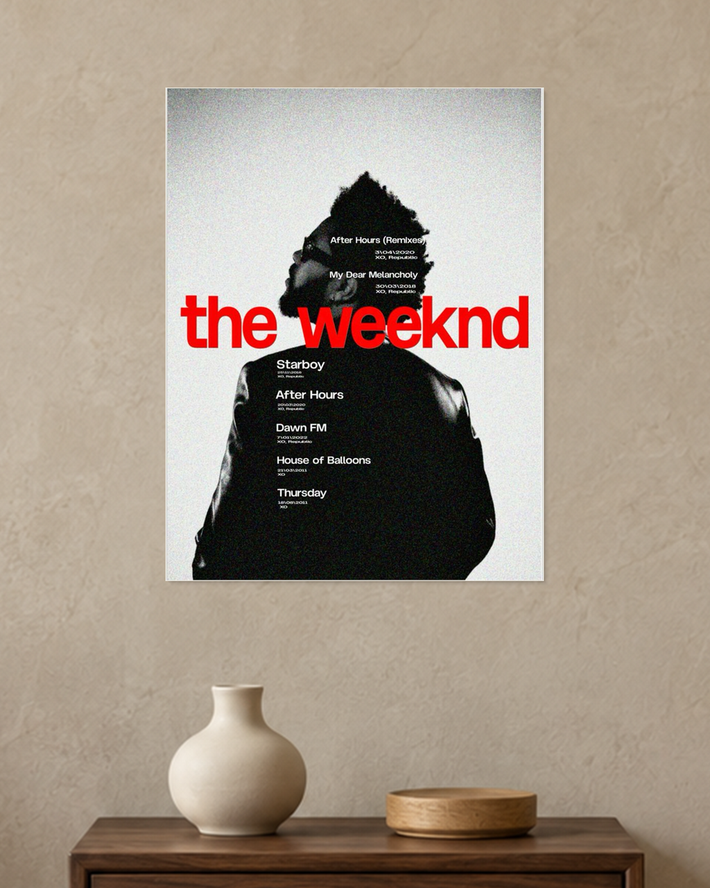 The Weeknd Red Discography Timeline A3 unframed poster mockup in the current warm greige room