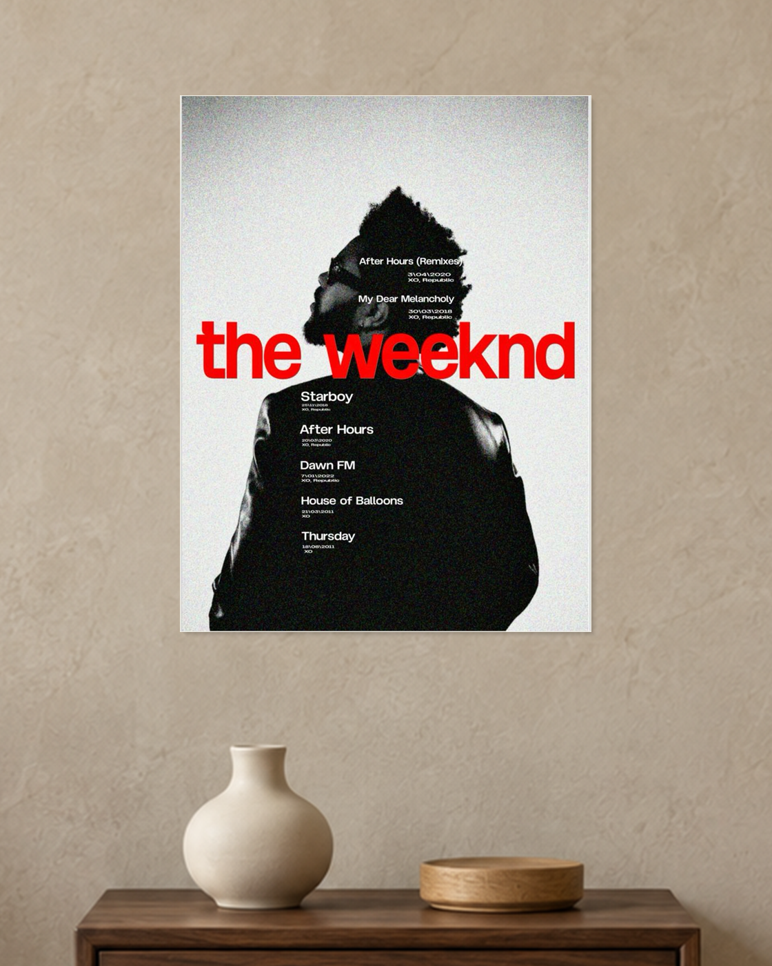 The Weeknd Red Discography Timeline A3 unframed poster mockup in the current warm greige room