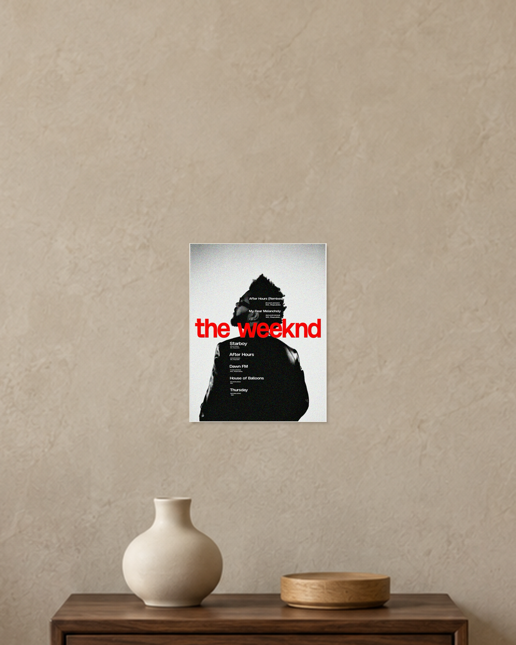 The Weeknd Red Discography Timeline A5 unframed poster mockup in the current warm greige room
