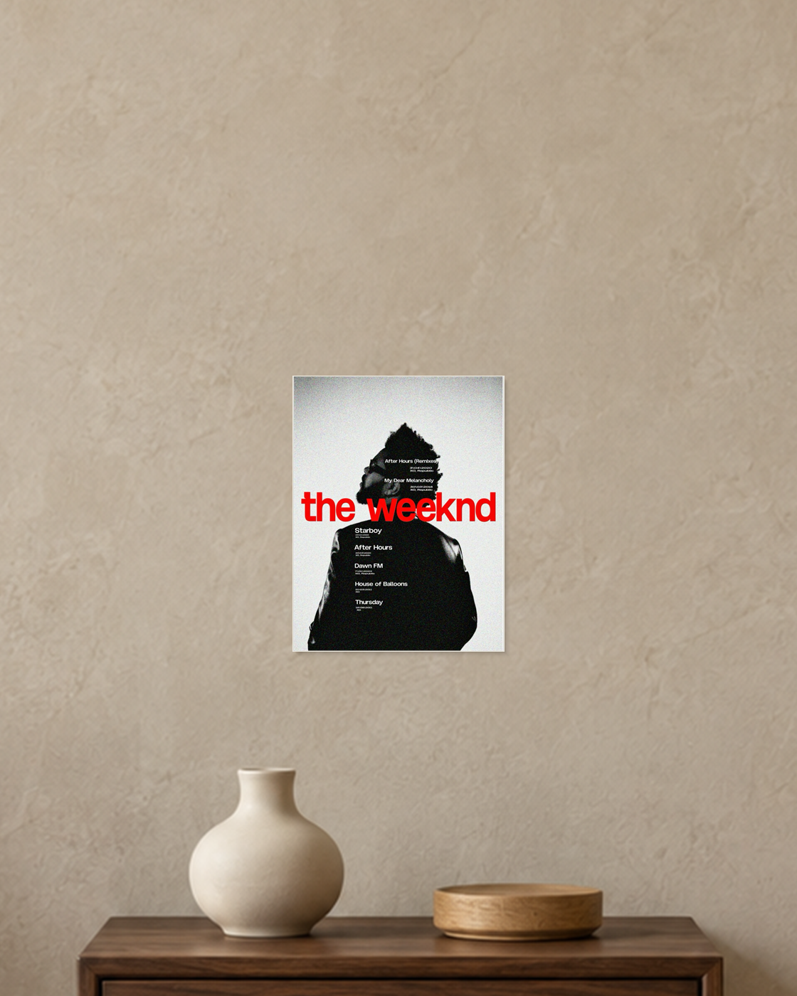The Weeknd Red Discography Timeline A5 unframed poster mockup in the current warm greige room