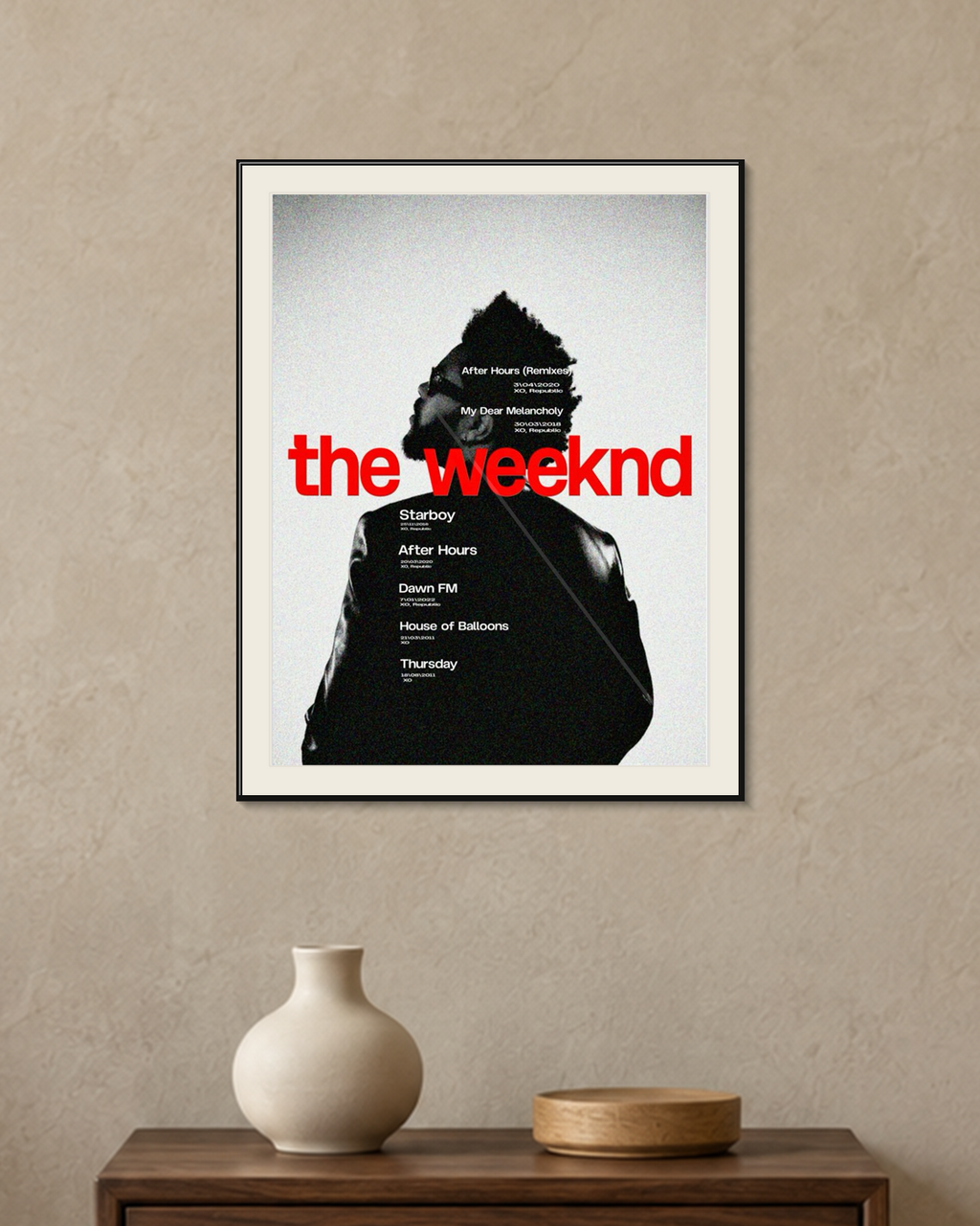 The Weeknd Red Discography Timeline framed A4 poster mockup with a thin black frame and restrained off-white mat