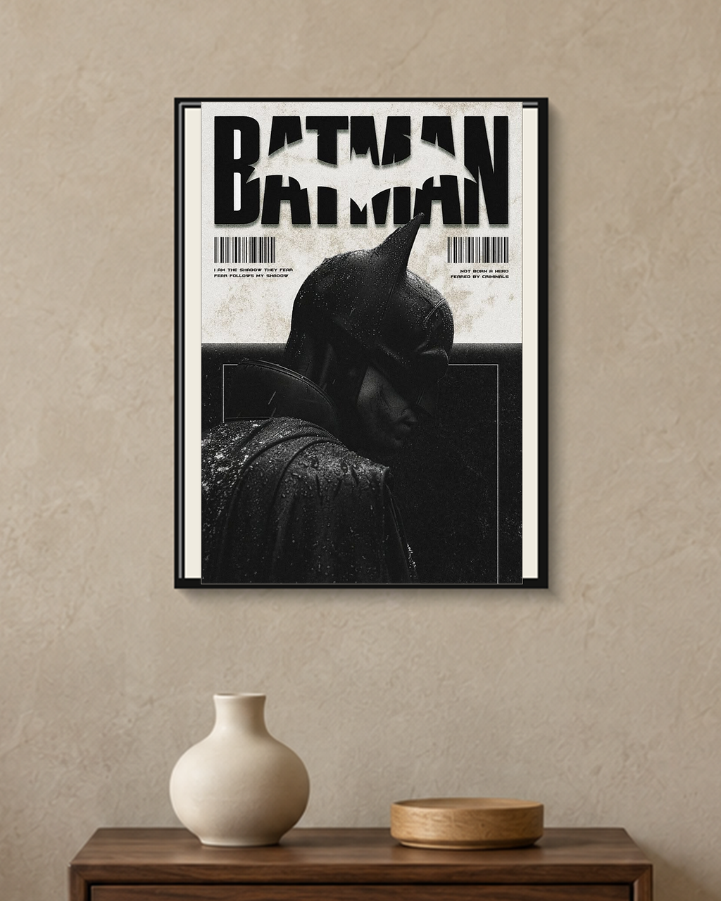 Batman — Dark Knight Shadow Poster — framed A4 poster mockup with a narrow off-white mat