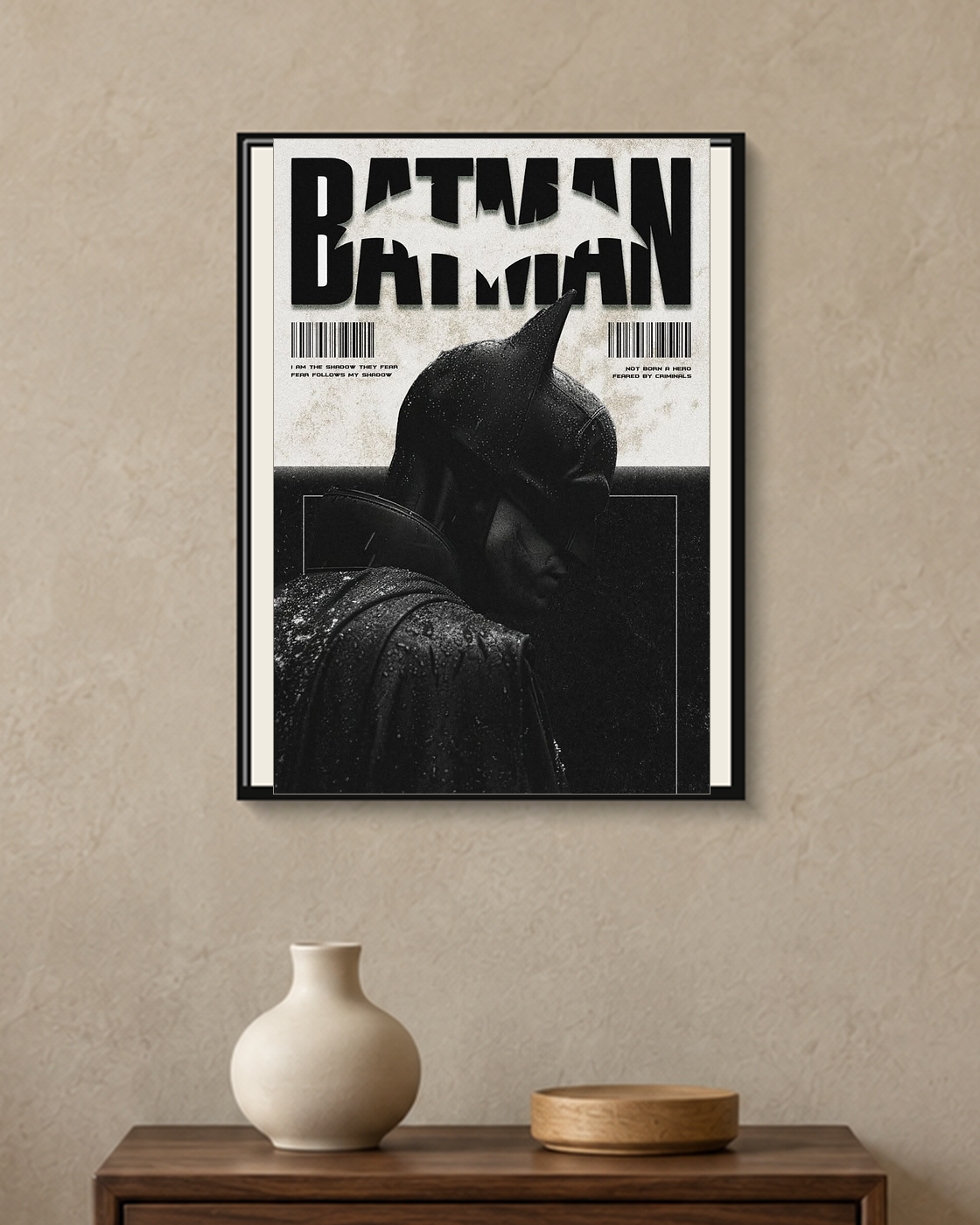 Batman — Dark Knight Shadow Poster — framed A4 poster mockup with a narrow off-white mat