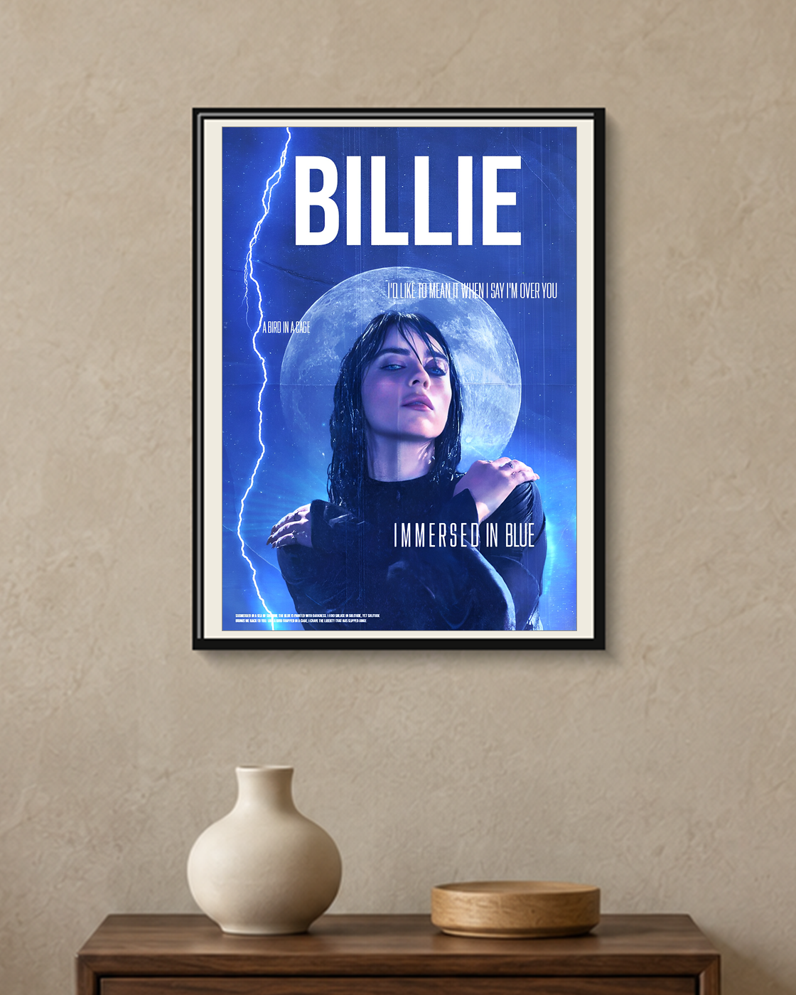 Billie Eilish — Immersed in Blue Poster — framed A4 poster mockup with a narrow off-white mat