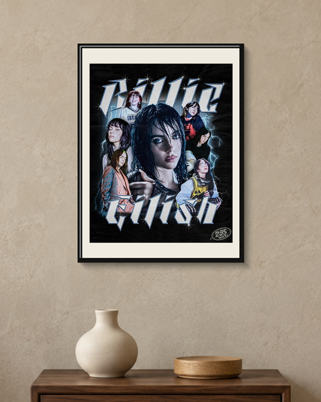Billie Eilish — Y2K Collage Poster — framed A4 poster mockup with a narrow off-white mat