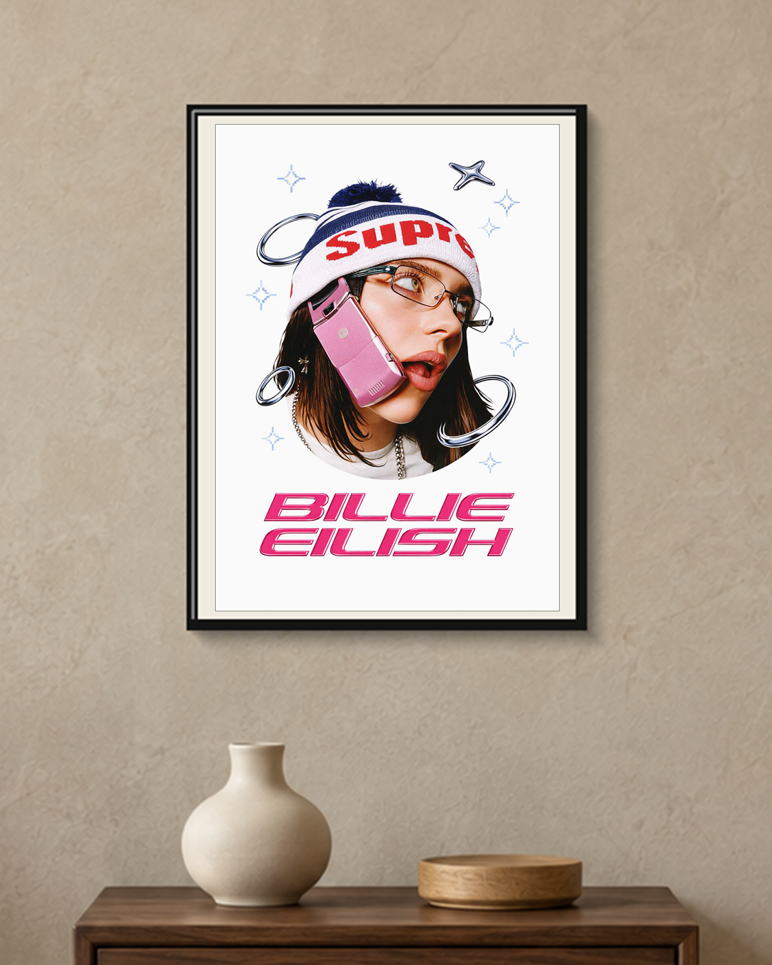 Billie Eilish — Y2K Supreme Poster — framed A4 poster mockup with a narrow off-white mat