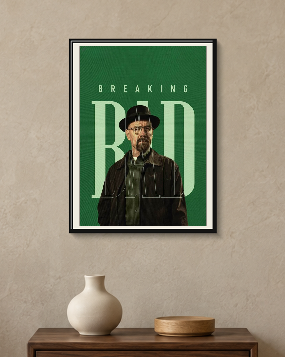 Breaking Bad — Heisenberg Green Poster — framed A4 poster mockup with a narrow off-white mat