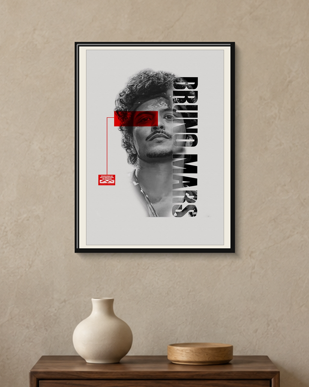 Bruno Mars — Red Vision Poster — framed A4 poster mockup with a narrow off-white mat
