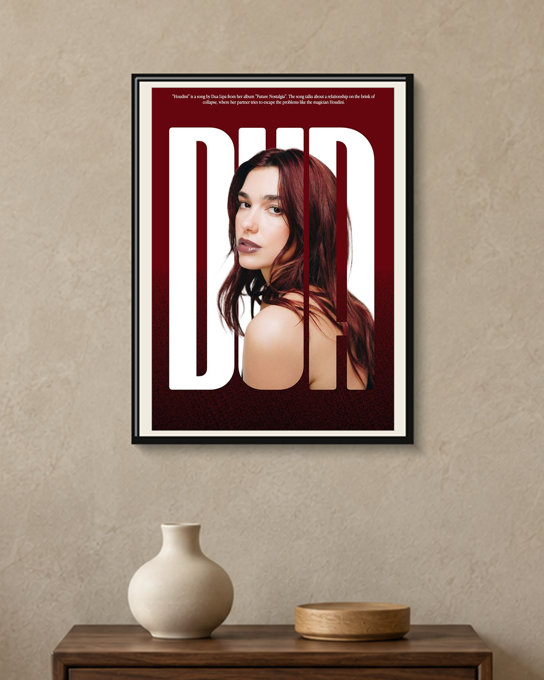 Dua Lipa — Houdini Poster — framed A4 poster mockup with a narrow off-white mat