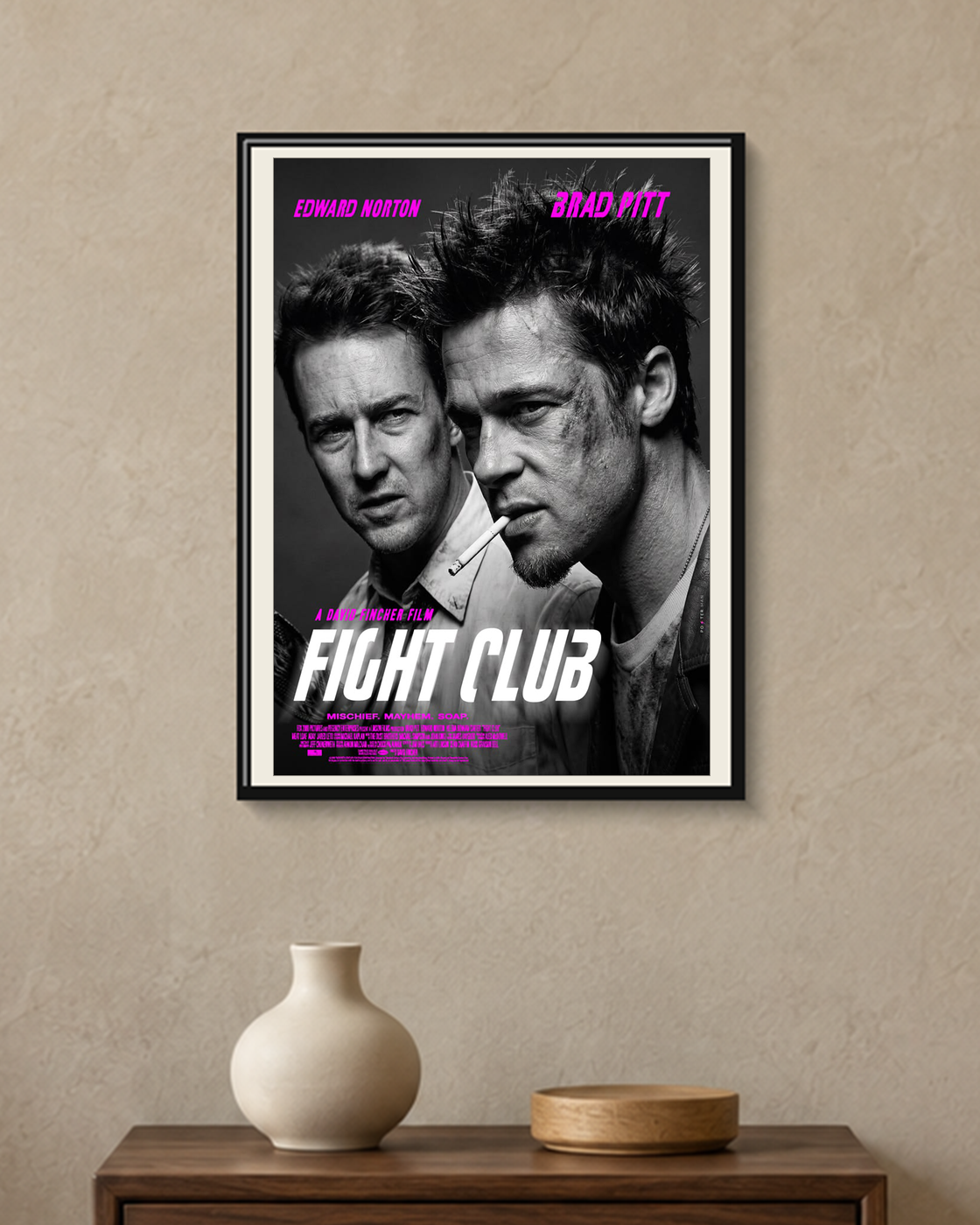 Fight Club — Mischief, Mayhem, Soap Poster — framed A4 poster mockup with a narrow off-white mat