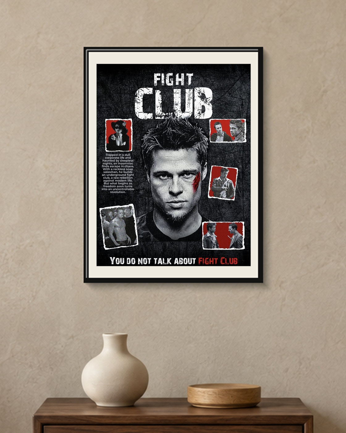 Fight Club — You Do Not Talk About Fight Club Poster — framed A4 poster mockup with a narrow off-white mat