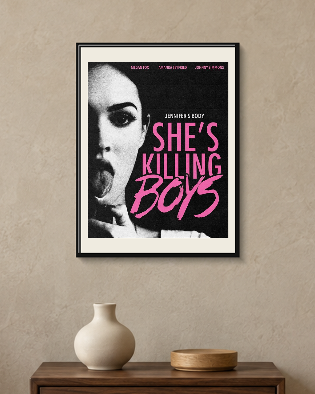 Jennifer's Body — She's Killing Boys Poster — framed A4 poster mockup with a narrow off-white mat