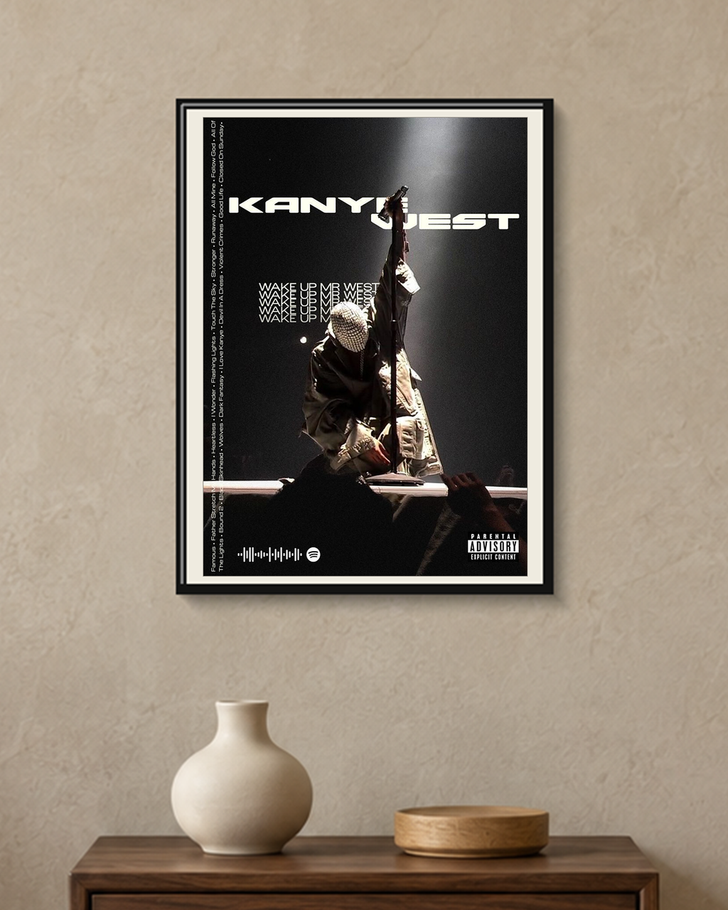 Kanye West — Wake Up Mr West Poster — framed A4 poster mockup with a narrow off-white mat