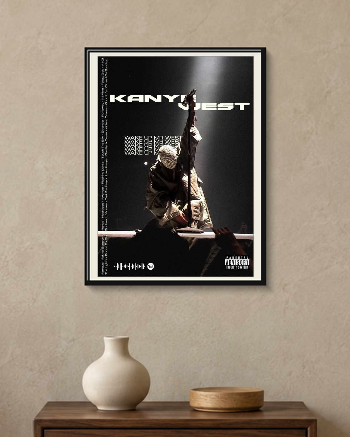 Kanye West — Wake Up Mr West Poster — framed A4 poster mockup with a narrow off-white mat