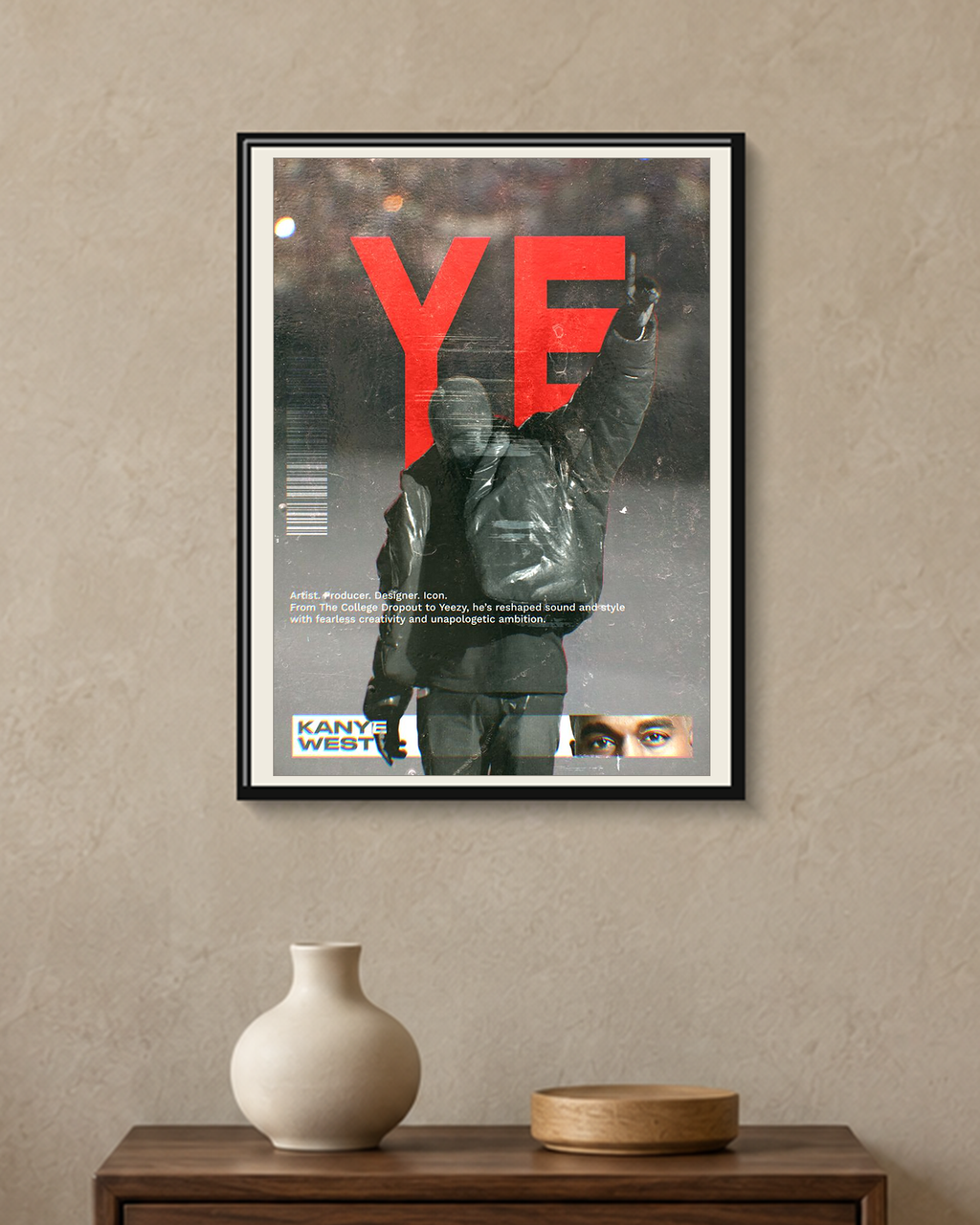 Kanye West — Ye Red Poster — framed A4 poster mockup with a narrow off-white mat