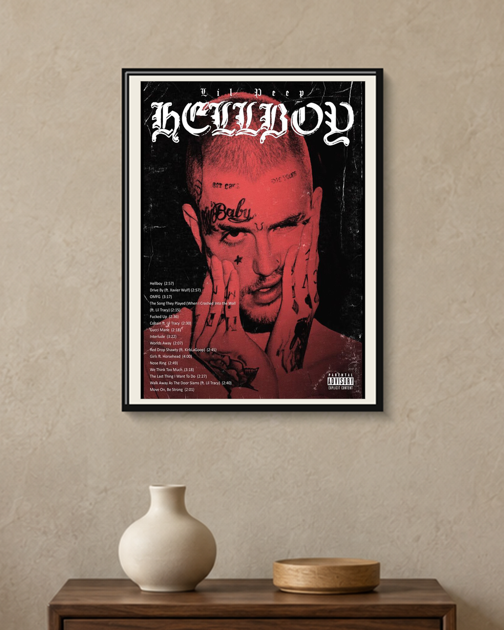 Lil Peep — Hellboy Poster — framed A4 poster mockup with a narrow off-white mat