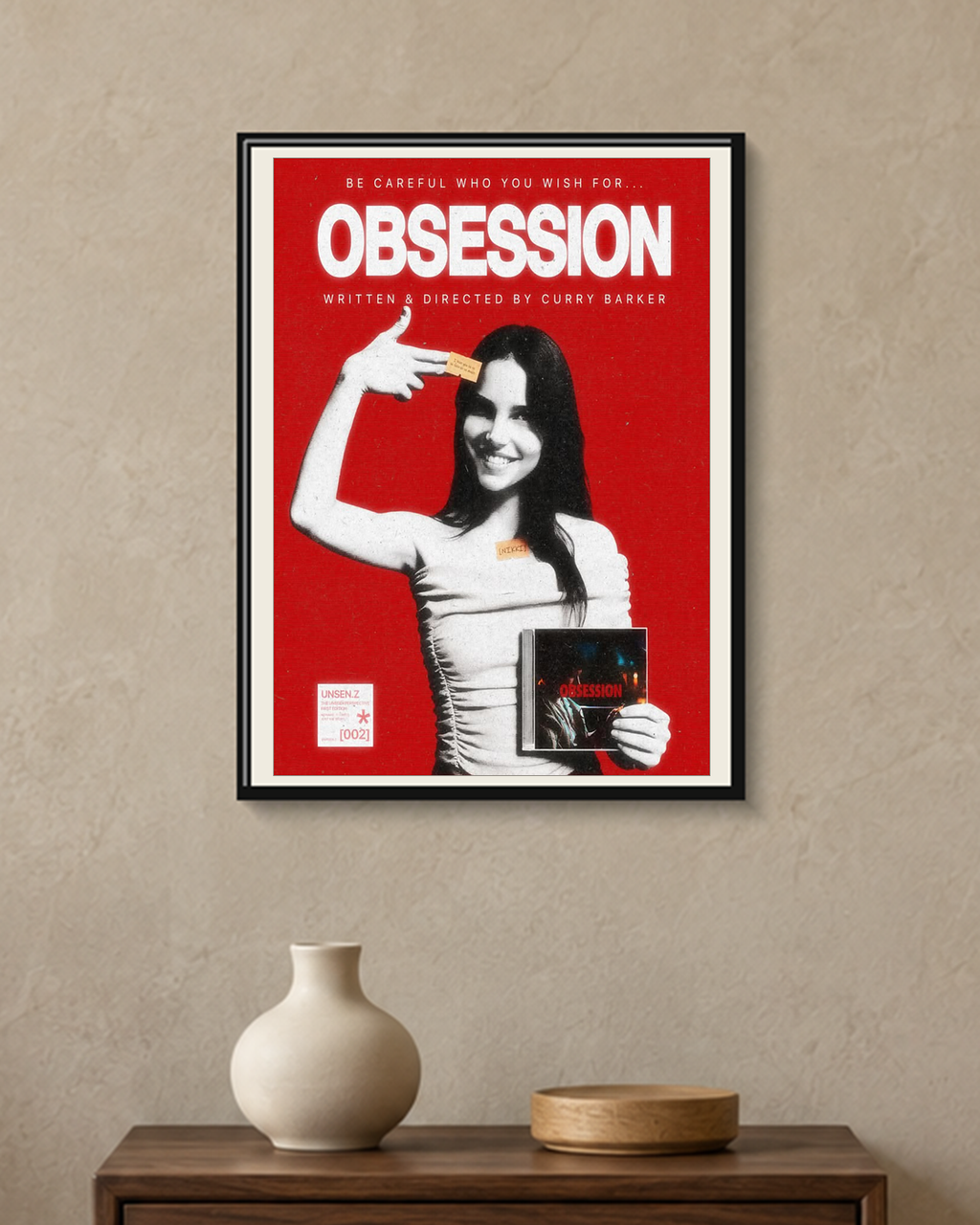 Obsession — Be Careful What You Wish For Poster — framed A4 poster mockup with a narrow off-white mat