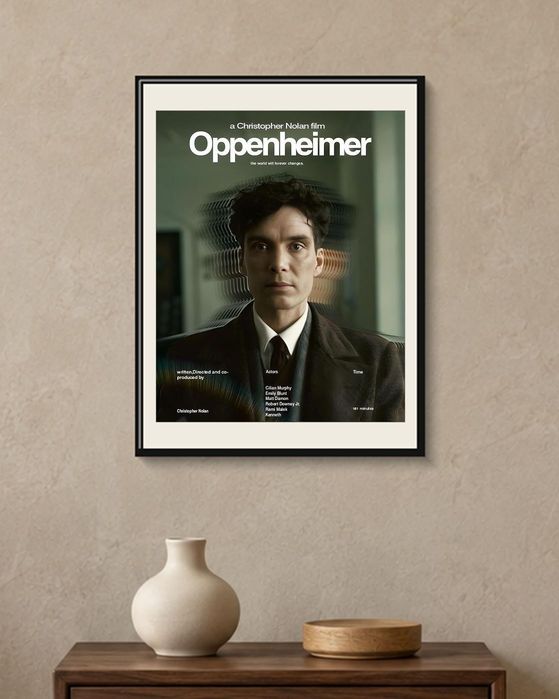 Oppenheimer — Distorted Portrait Poster — framed A4 poster mockup with a narrow off-white mat