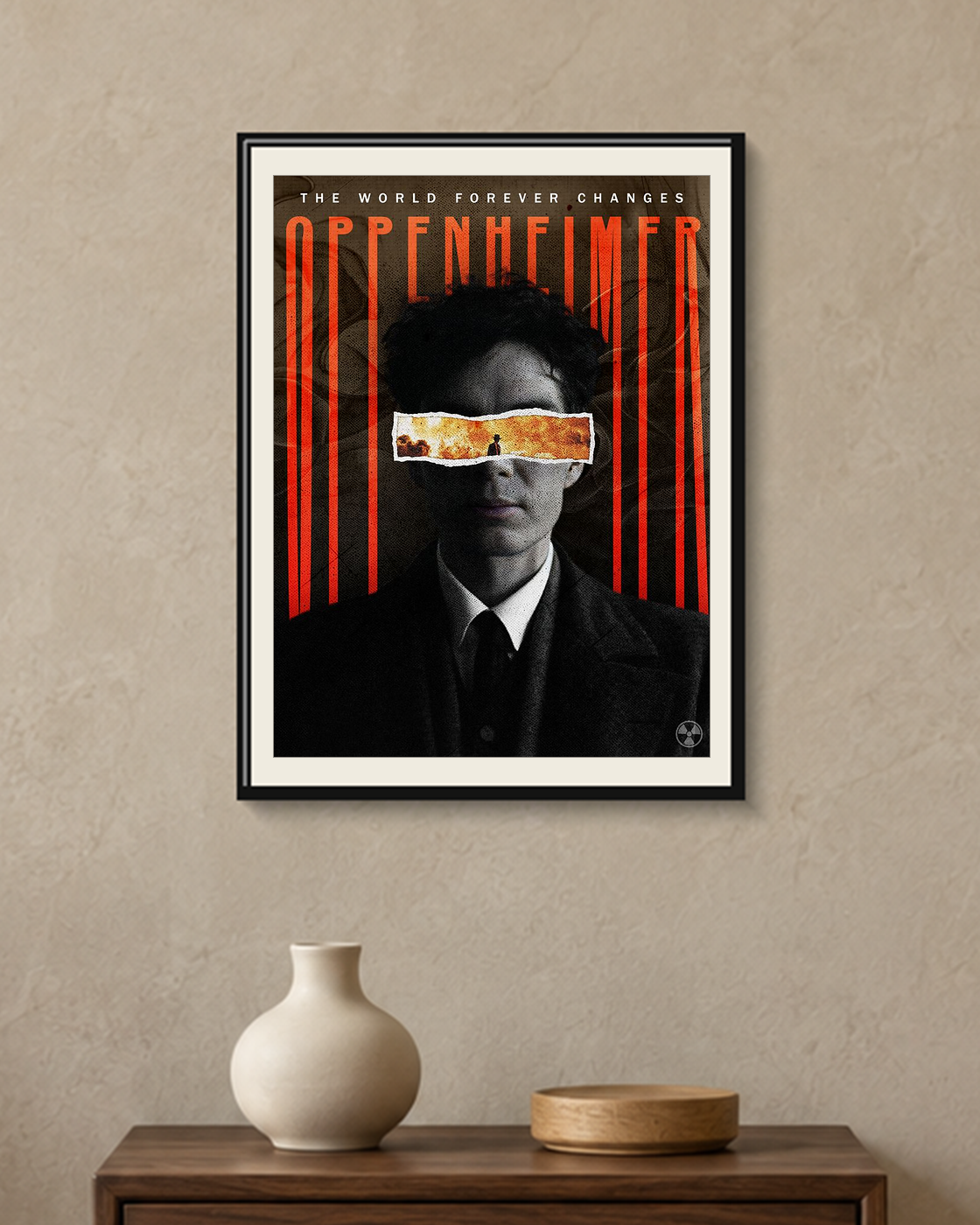 Oppenheimer — The World Forever Changes Poster — framed A4 poster mockup with a narrow off-white mat