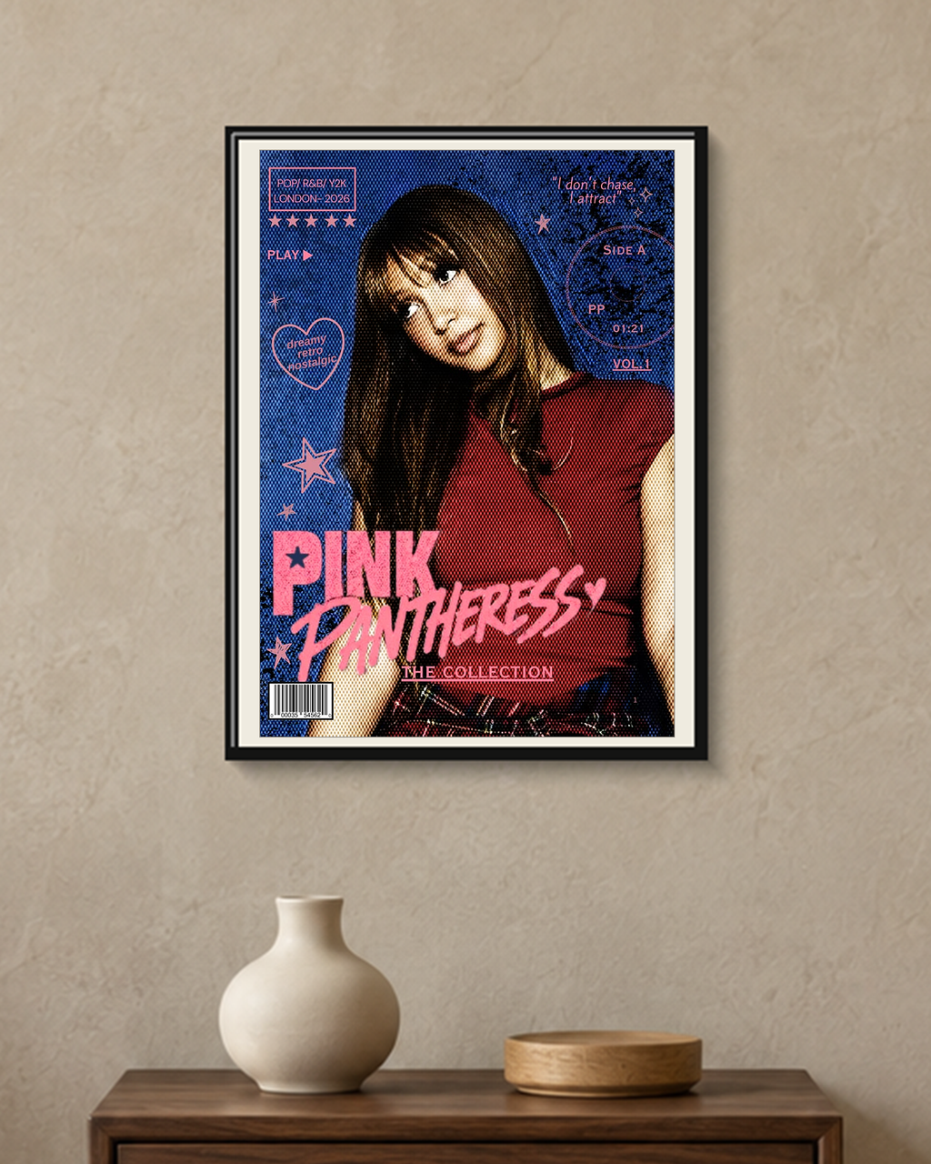PinkPantheress — Y2K Collection Poster — framed A4 poster mockup with a narrow off-white mat